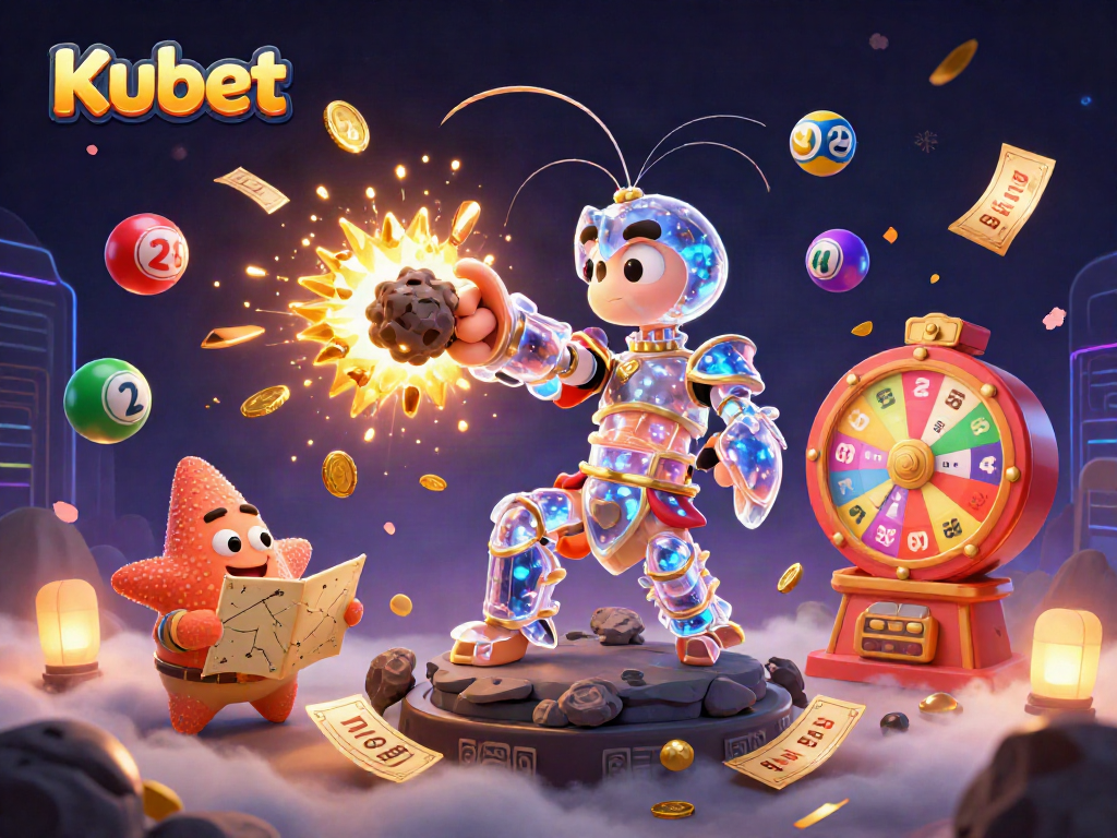 Experience the thrilling world of Kubet with vibrant lottery balls and a galactic shrimp in action.
