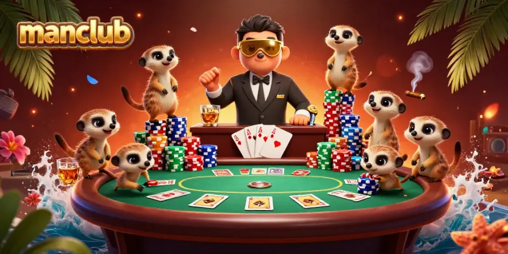 Engage in exciting poker action at manclub with cartoon meerkats as dealers and pit boss.