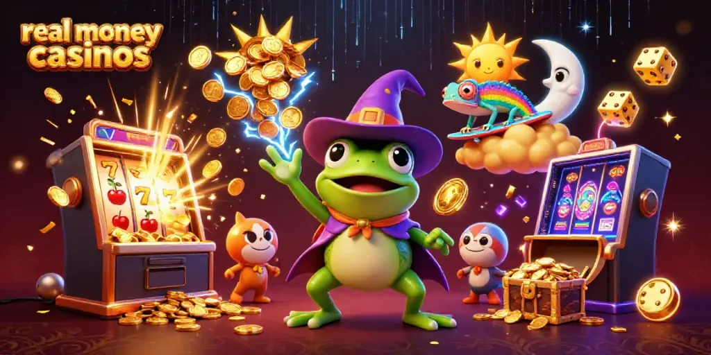 Experience excitement at real money casinos with a wizard frog and rainbow chameleon amidst golden coins.