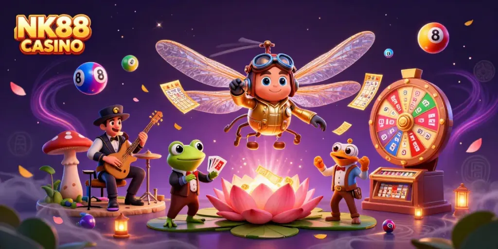 Engage with NK88 CASINO while a dragonfly pilot and frog croupier create a vibrant gaming scene.