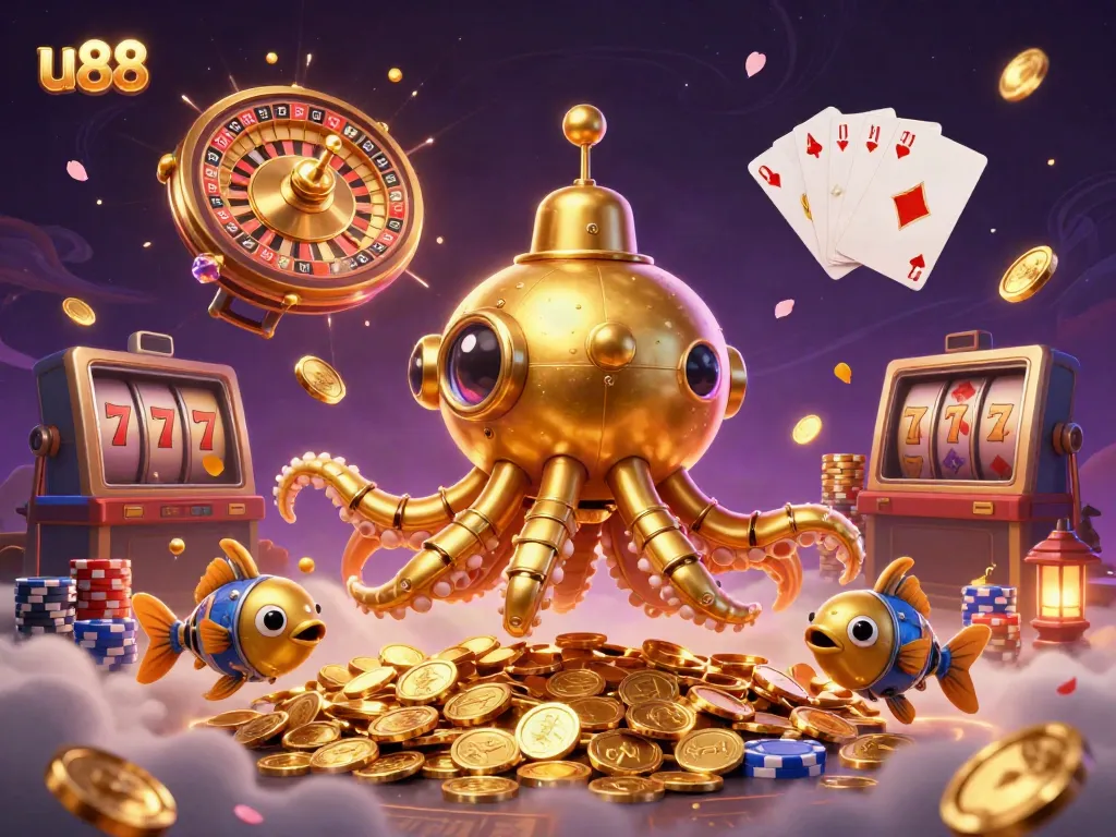 Experience thrilling gameplay at u88, where a golden kraken and mechanical fish dive among dazzling coins and gaming elements.