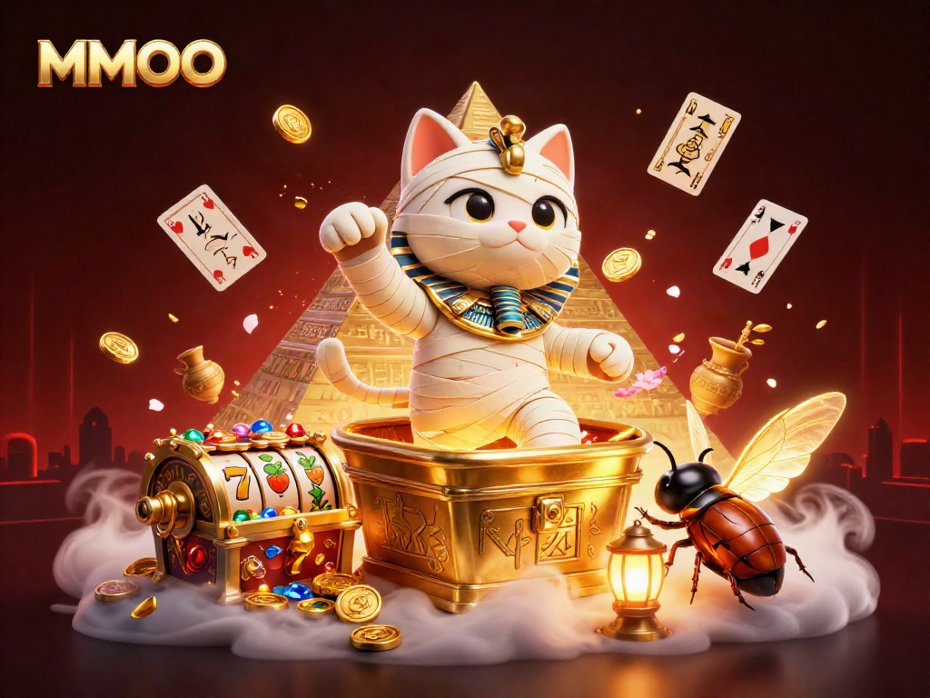 Engage with MMOO's immersive casino adventure featuring an Egyptian mummy cat and magical elements.