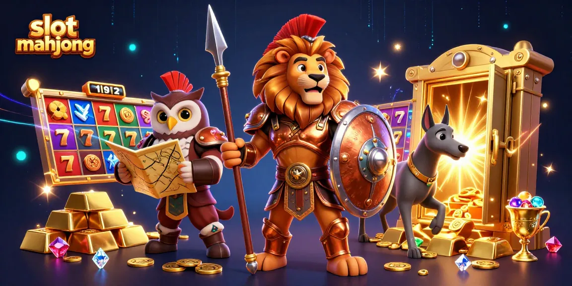 Engage in slot mahjong excitement with a Spartan lion and strategic owl amidst treasures!
