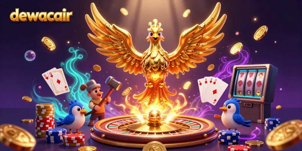 Experience winning with dewacair's vibrant 3D illustration showcasing golden phoenix and casino elements.