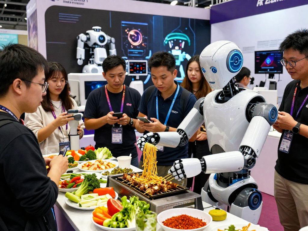 Robot 24 showcases a humanoid robot preparing kebabs at a robotics expo, highlighting advancements in food technology.