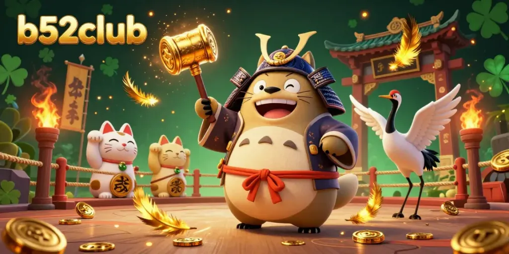 B52club, a vibrant scene featuring a cheerful tanuki in festival attire with fortune cats and gaming elements.