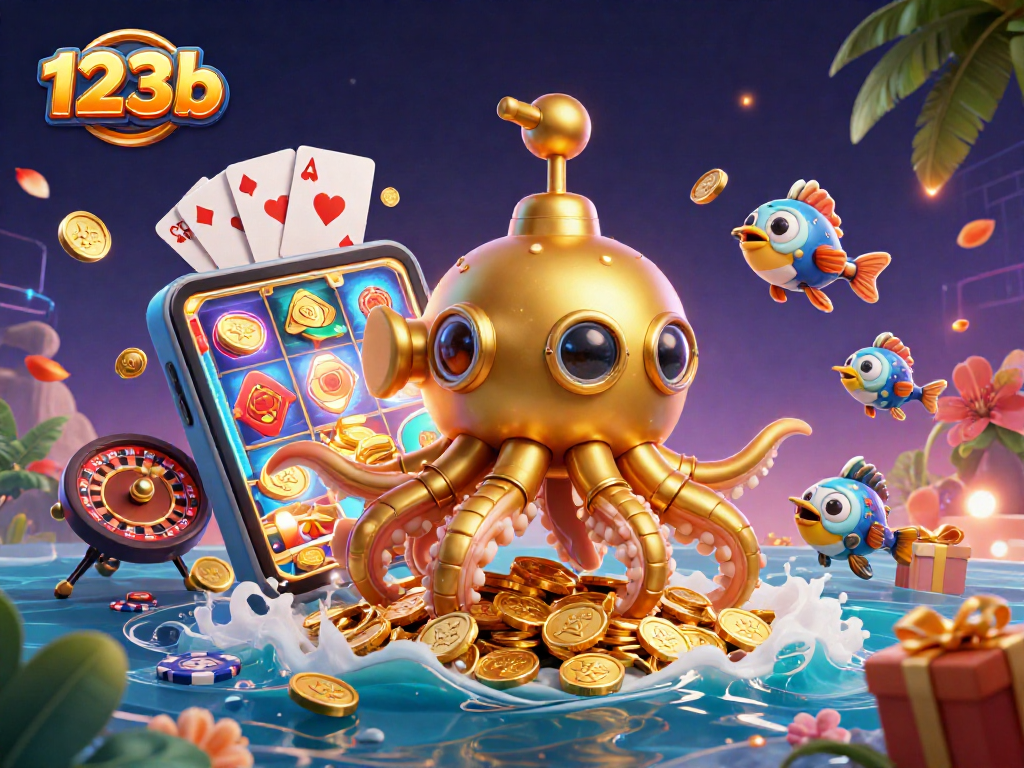 Play and win with the 123b kraken submarine amidst golden coins and dynamic casino elements.