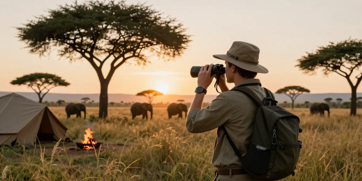NAGA2000 traveler observing wildlife at Kidepo Valley National Park during sunset.