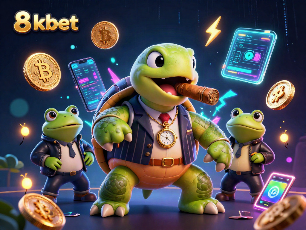 Engage with 8kbet’s vibrant gaming experience featuring a cartoon turtle and bullfrog enforcers.