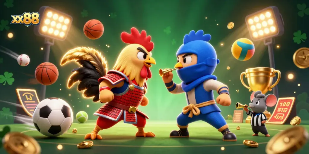 xx88 showcases twin fighting roosters in a dynamic casino betting scene featuring sports elements.