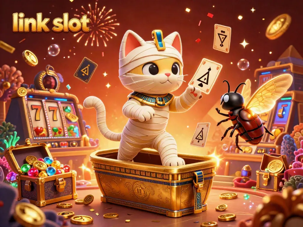 Engage with the exciting link slot scene featuring a mummy cat and scarab beetle amidst casino treasures.
