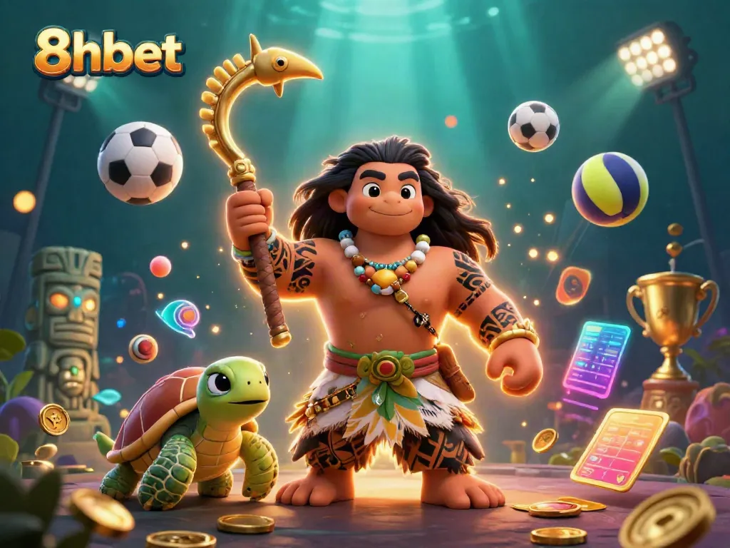 Join the action with 8xbet in a vibrant underwater casino scene featuring dynamic sports elements.