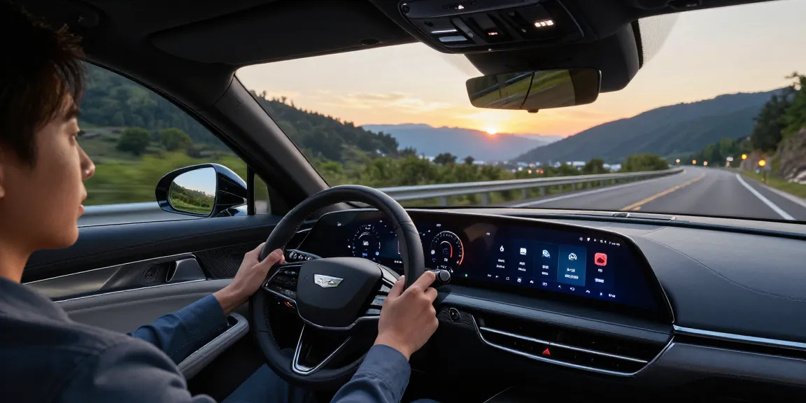 The driving modes in Cadillac Lyriq offer different ranges or battery usages, showcased with the vehicle on a scenic highway at sunset.