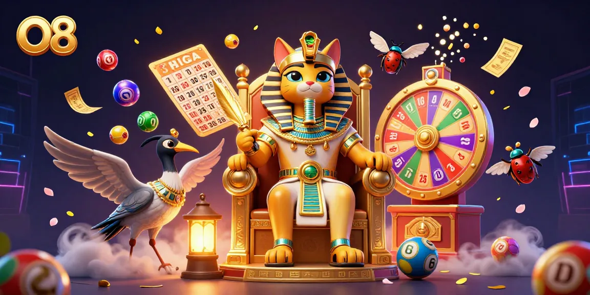 Engage with O8's vibrant lottery theme featuring a royal Egyptian cat amidst colorful game elements.