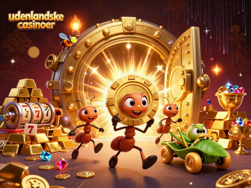 Experience the excitement of udenlandske casinoer with playful ants in a heist-themed scene.