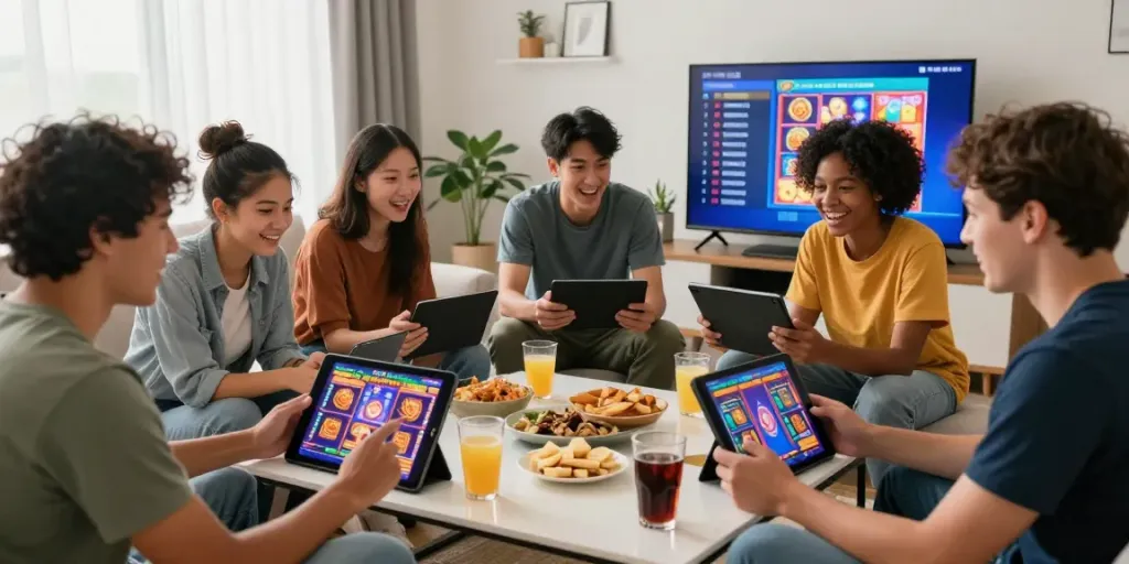 Pengalaman judi slot online yang seru bersama teman-teman di ruang tamu yang nyaman.