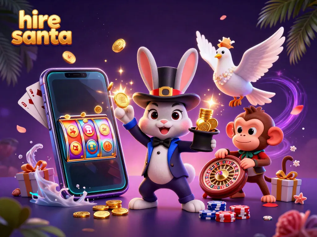 Engaging scene showcasing hire santa magic with festive gaming elements in a vibrant casino-themed illustration.