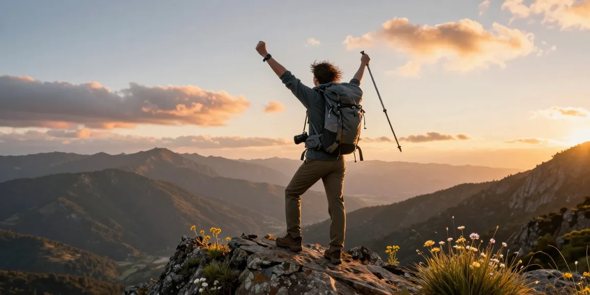 Motchill outdoor adventure enthusiast celebrating at a scenic mountain overlook during sunset.