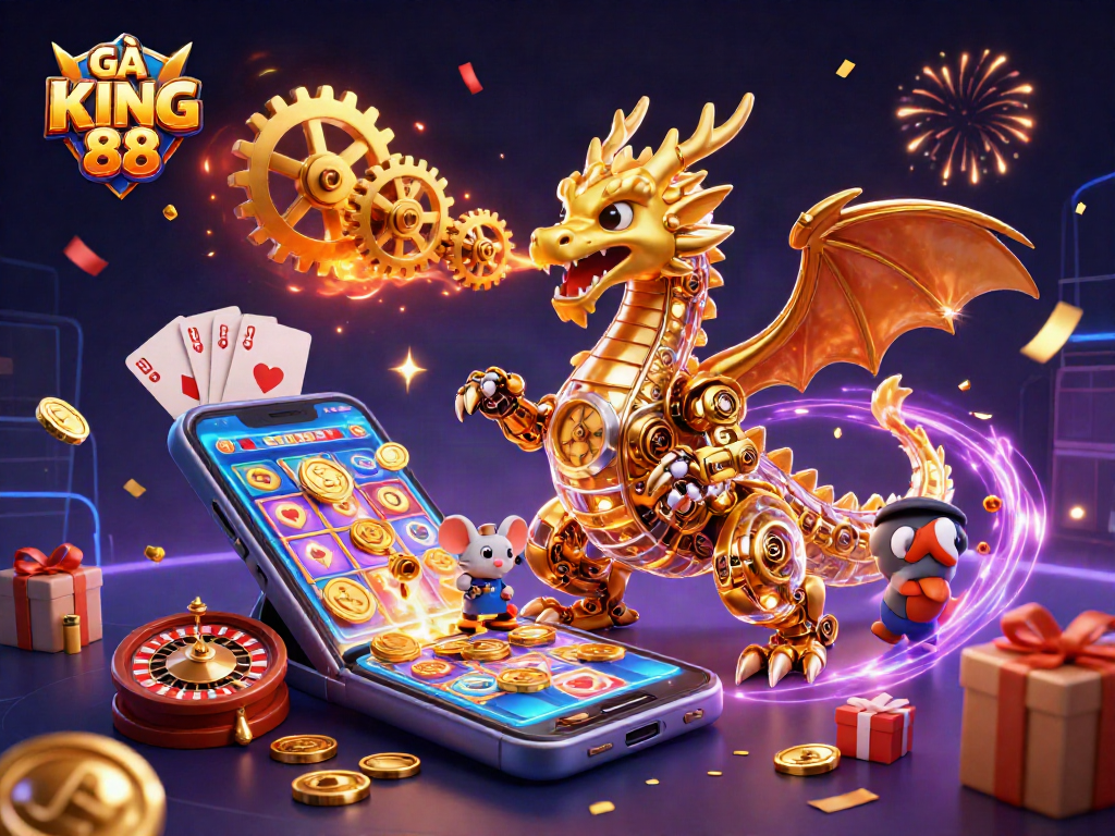 Engage with GÀ KING 88 gaming adventures featuring a golden dragon and vibrant casino elements.