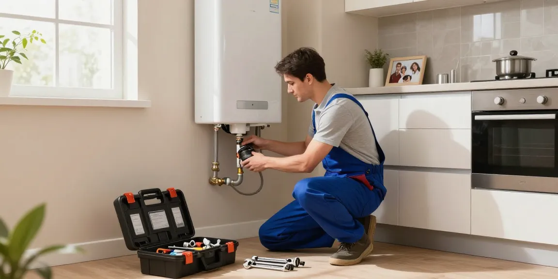 Expert plumber in Stevenage installing a water heater in a modern kitchen, emphasizing reliability and professional service.