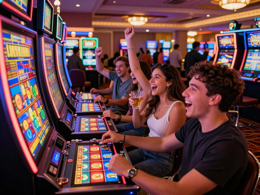 Friends experiencing excitement at slot jackpot machines in a lively casino.
