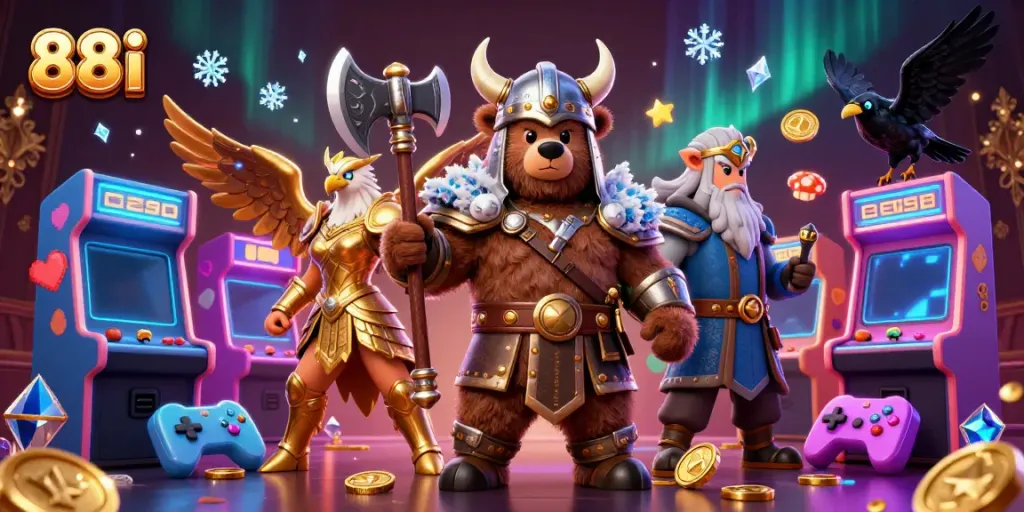 Experience thrilling action at 88i with a dynamic Viking bear and Valkyrie eagle in casino-themed adventure.