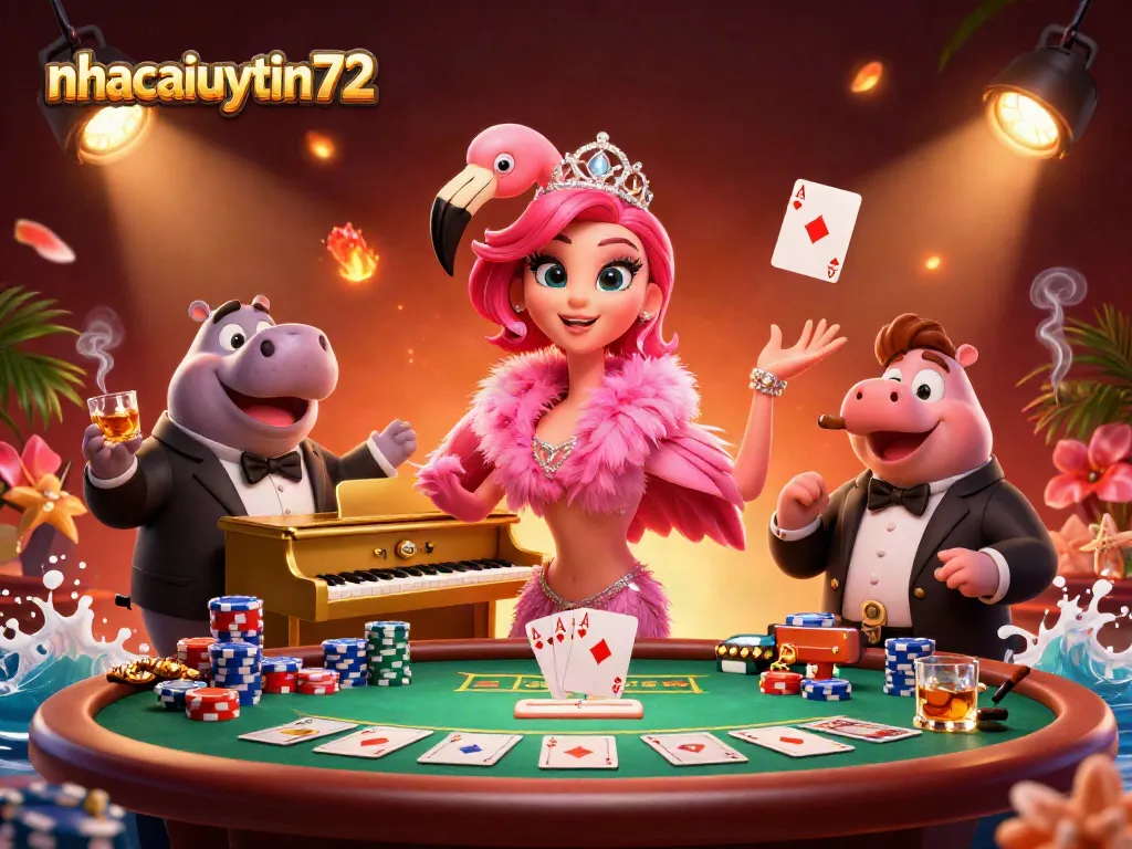 Experience the vibrant energy of nhacaiuytin72 with colorful poker elements and lively characters.