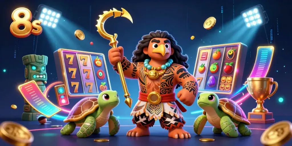 Engage in thrilling 8s slot games with vibrant characters and dynamic casino elements in this vivid illustration.