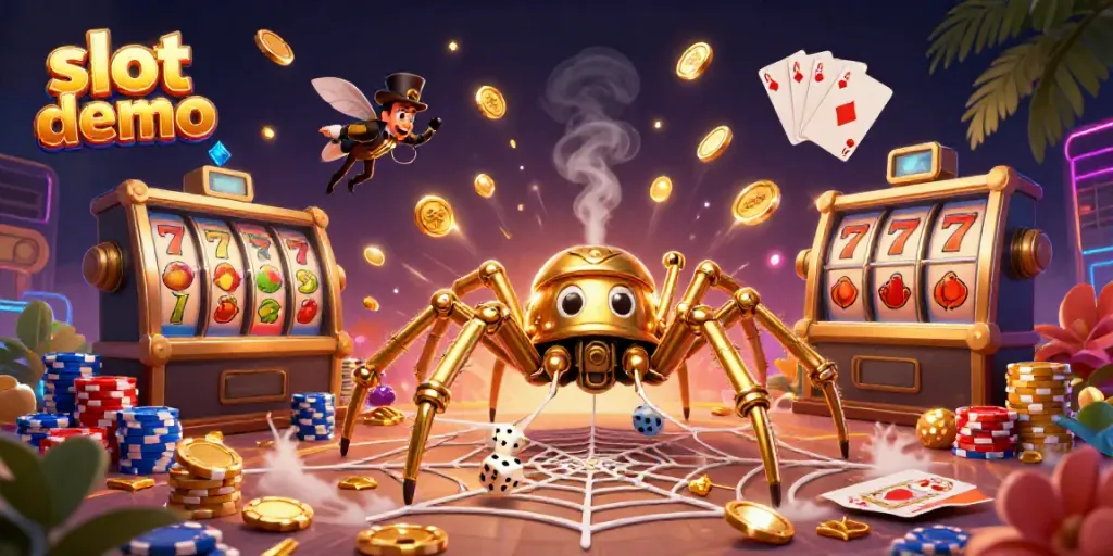 Slot demo dengan ilustrasi 3D menakjubkan yang menggambarkan laba-laba steampunk menangkap dadu sial.