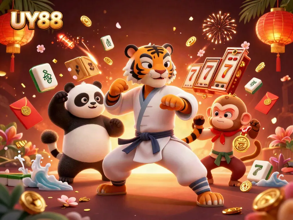 Play and win at UY88 with dynamic gaming elements in vibrant 3D casino illustration.