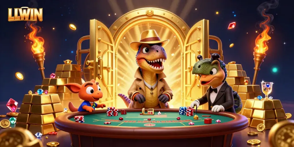 LLWIN's vibrant 3D casino scene with a velociraptor card counter, a pit boss stegosaurus, and a sneaky compy at a blackjack table.