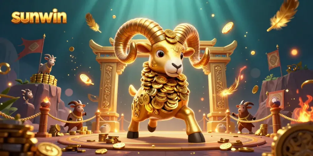 Experience thrilling gameplay with Sunwin's golden ram champion charging through a vibrant casino scene.