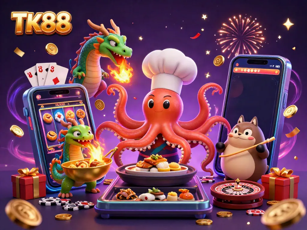 Experience the excitement at TK88 with vibrant casino-themed characters and dynamic games.
