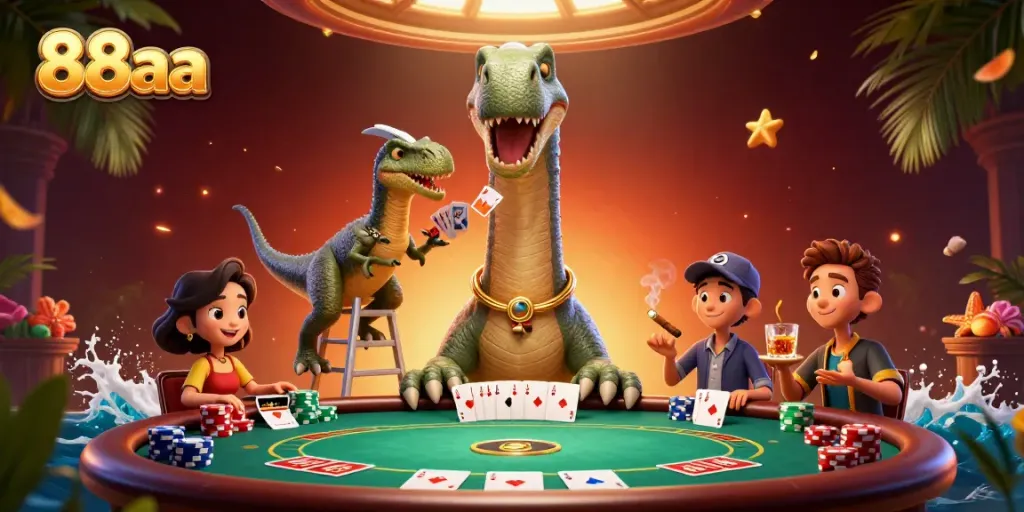 Experience thrilling poker action with 88aa as a massive brontosaurus watches over an exciting game scene.