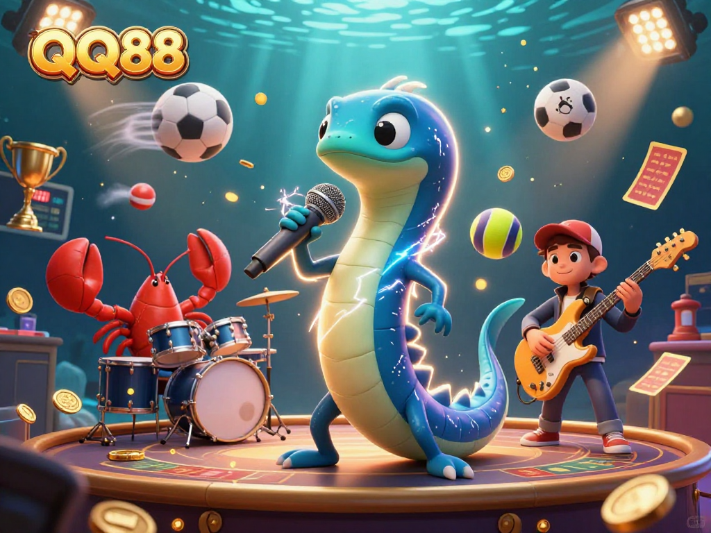 Experience the vibrant underwater casino atmosphere with QQ88, showcasing a DJ eel and dynamic sports betting action.