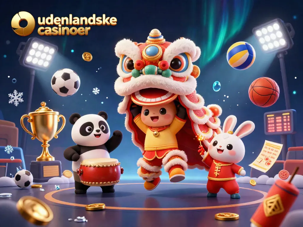 Engaging scene showcasing udenlandske casinoer with playful characters in a festive lion dance, emphasizing gaming excitement.
