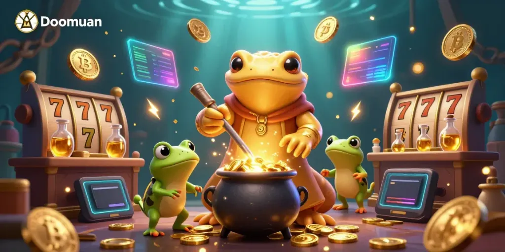 Doomuan brings slot excitement to life with magical characters transforming metals to gold amidst vibrant casino elements.