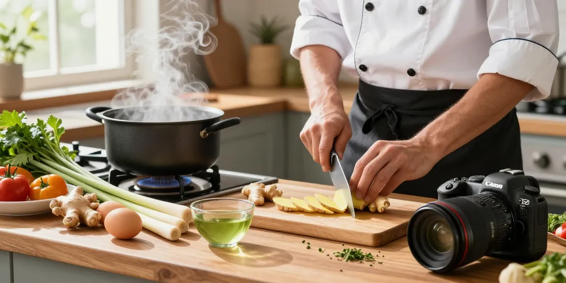 Cooking nutrient-rich dishes with ginger and eggs in a vibrant kitchen, showcasing the keyword สล็อต.