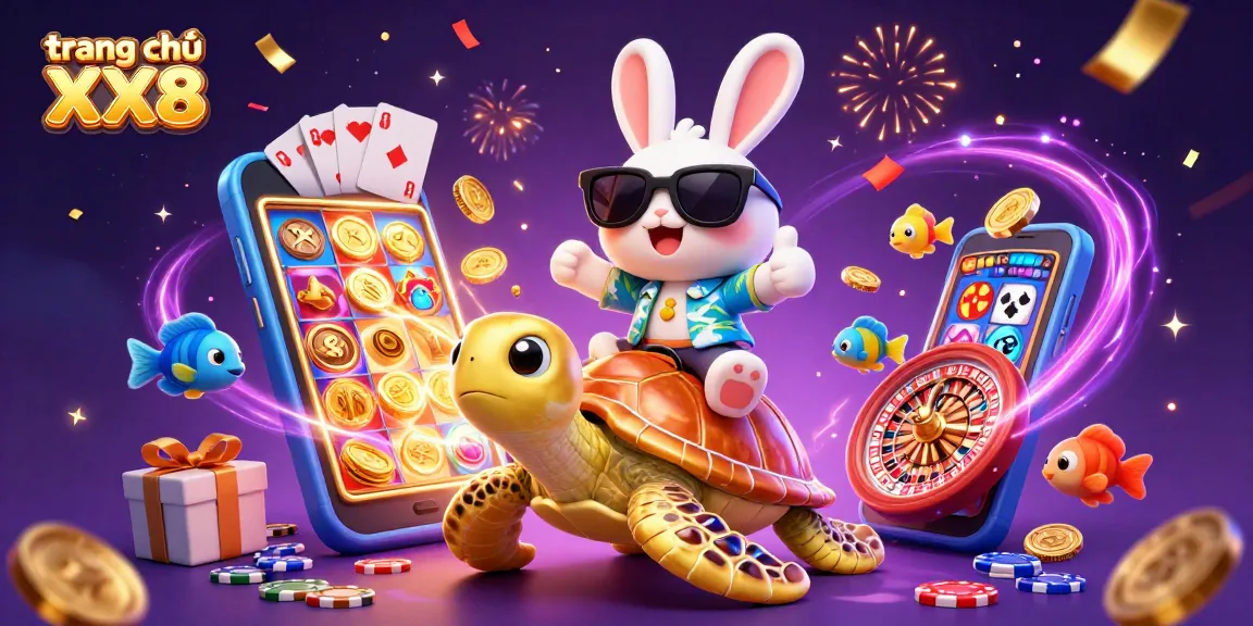 Experience the thrill of trang chủ XX8 with a lucky rabbit and golden sea turtle in a vibrant casino scene.