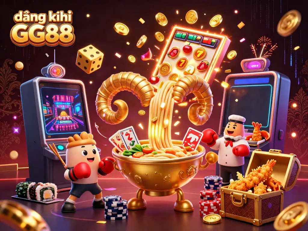 Exciting scene with đăng ký GG88, featuring a giant ramen bowl, sushi dealer, and daring cheerleaders amidst dynamic casino elements.