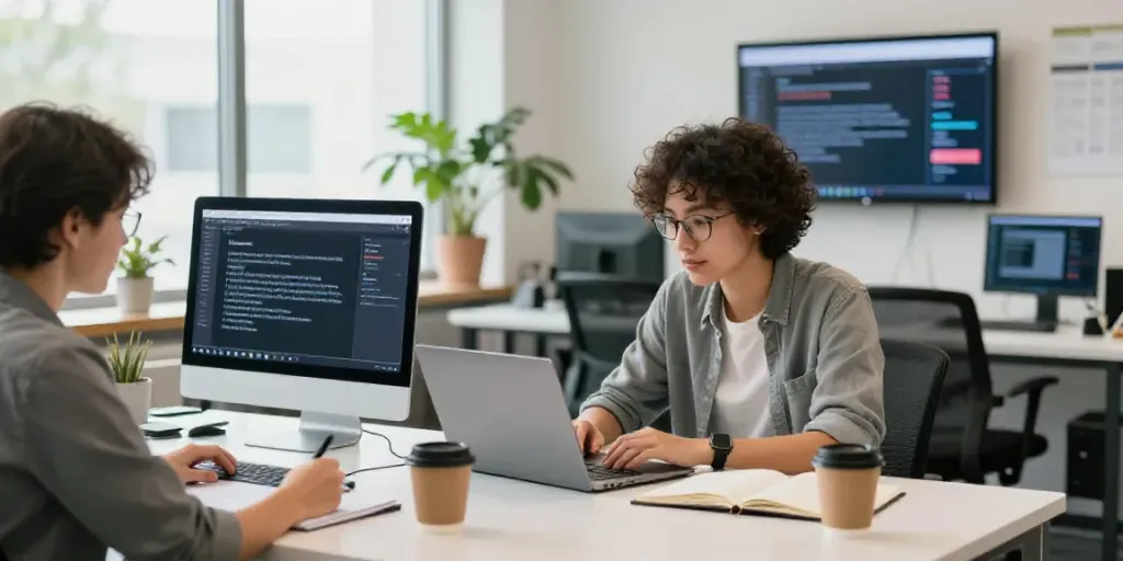AI sales copy generator in action as writers collaborate in a bright co-working space.