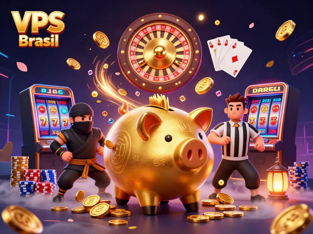 Experience exciting wins with VPS Brasil in this vibrant casino-themed illustration.