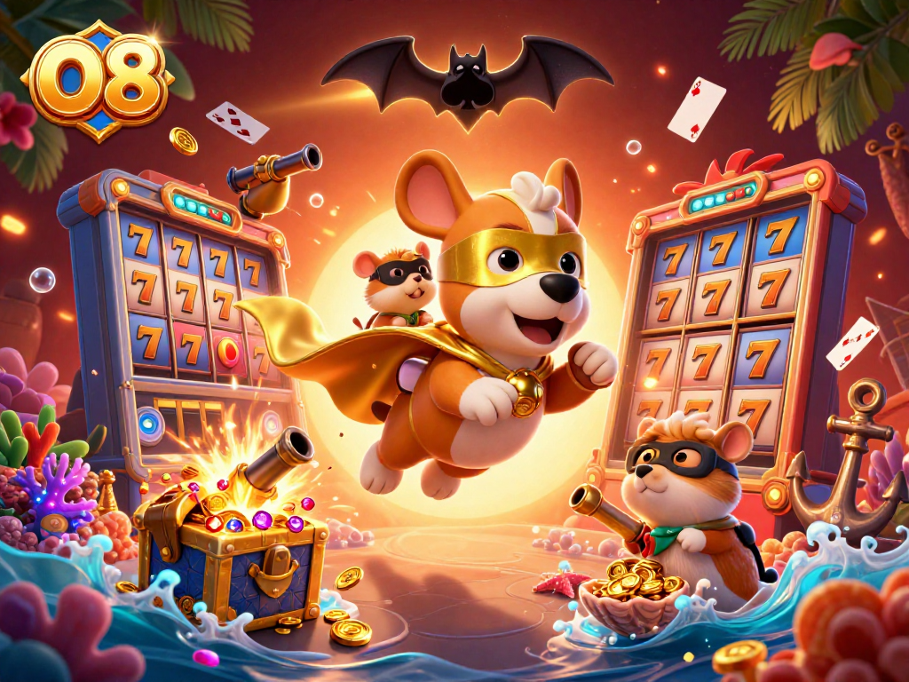 Play thrilling casino games with O8's vibrant and action-packed 3D illustration featuring a superhero dog.