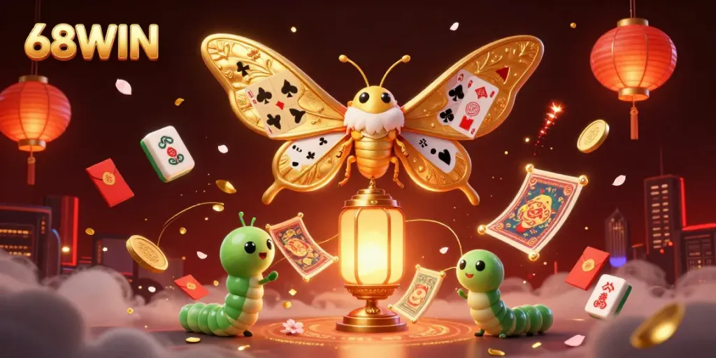 Experience thrilling gameplay with 68WIN as a cartoon atlas moth oversees vibrant casino elements.