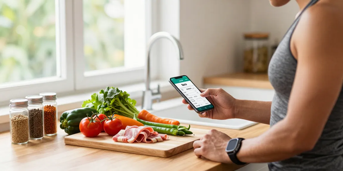 Engaged user tracking macros with the best macro tracking app while preparing a healthy meal.