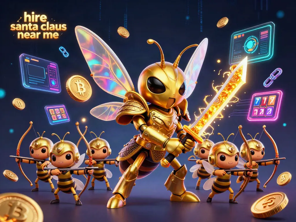 Engage with vibrant Santa-themed 3D gambling illustration showcasing a giant golden hornet warrior around casino elements while hiring Santa Claus.