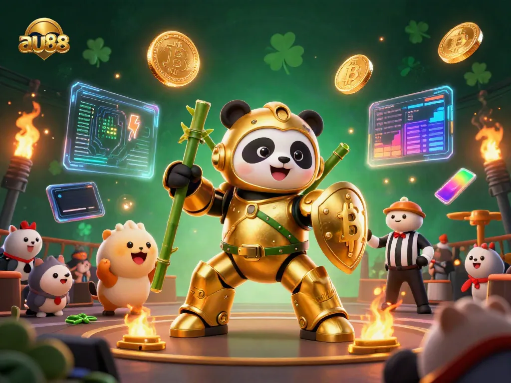 Engage with thrilling casino action at au88, featuring a mech-suit panda in an electrifying gaming arena.