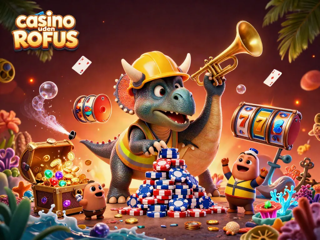 Play exciting games at casino uden ROFUS, featuring cheerful characters and vibrant casino elements.