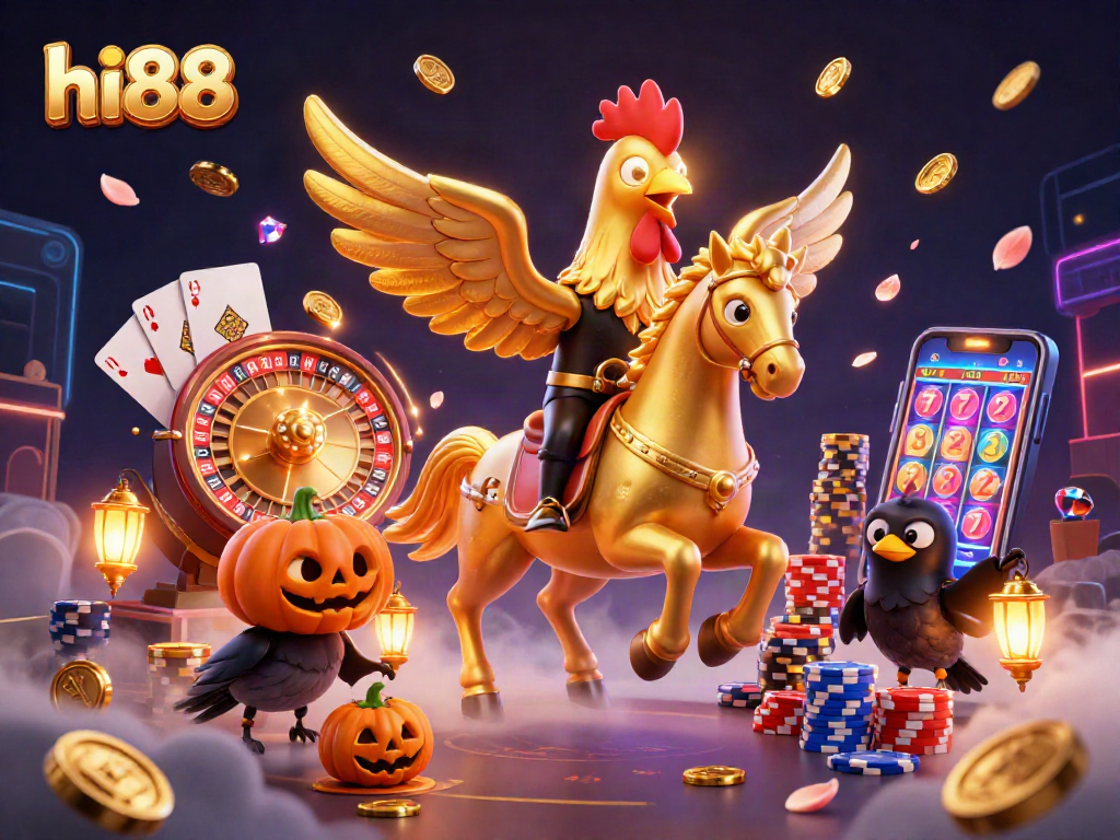 Spin and win at hi88 with a golden rooster and treasures in a vibrant casino scene.