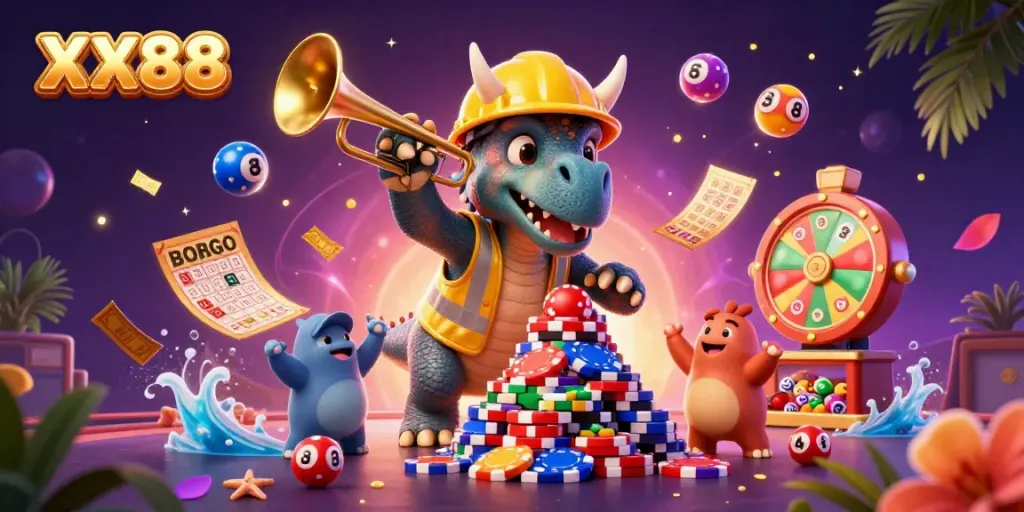 Experience the vibrant XX88 casino scene with cheerful characters building a poker chip pyramid.